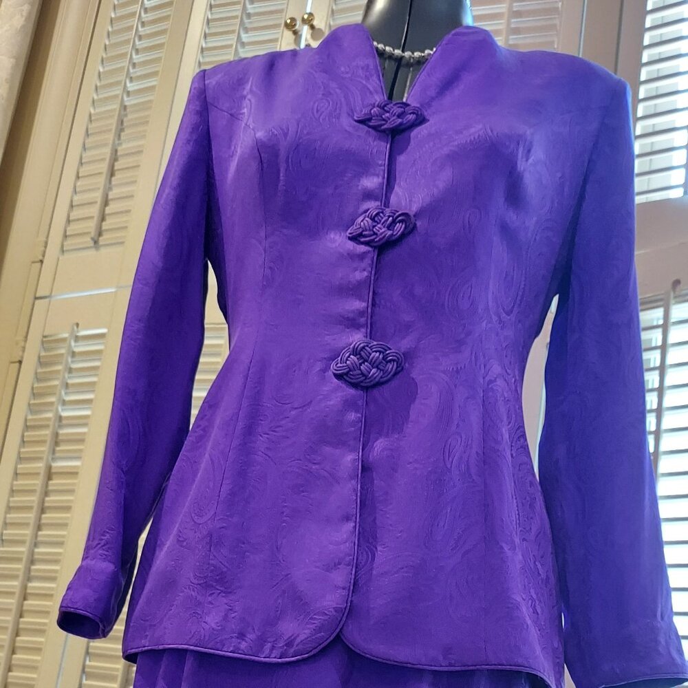 Maggy London PURPLE 100% Silk Asian Inspired Dress Suit Size 4P - Picture 8 of 13